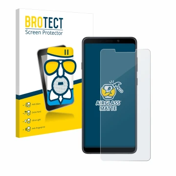 Vorderseite einer Produktverpackung mit dem Markenlogo BROTECT. Daneben ist das Gerät Samsung Galaxy A9 2018 mit dem zugehörig