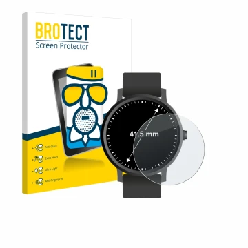 Vorderseite einer Produktverpackung mit dem Markenlogo BROTECT. Daneben ist das Gerät Armbanduhren (Kreisrund, ø: 41.5 mm) mit