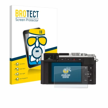 Vorderseite einer Produktverpackung mit dem Markenlogo BROTECT. Daneben ist das Gerät Leica D-Lux 7 mit dem zugehörigen Displa