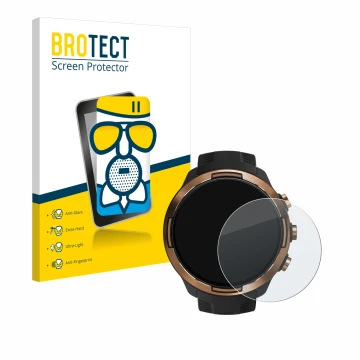 Vorderseite einer Produktverpackung mit dem Markenlogo BROTECT. Daneben ist das Gerät Suunto 9 Baro mit dem zugehörigen Displa