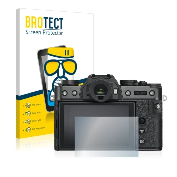 Vorderseite einer Produktverpackung mit dem Markenlogo BROTECT. Daneben ist das Gerät Fujifilm X-T30 mit dem zugehörigen Displ