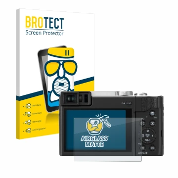 Vorderseite einer Produktverpackung mit dem Markenlogo BROTECT. Daneben ist das Gerät Panasonic Lumix DC-TZ96 mit dem zugehöri