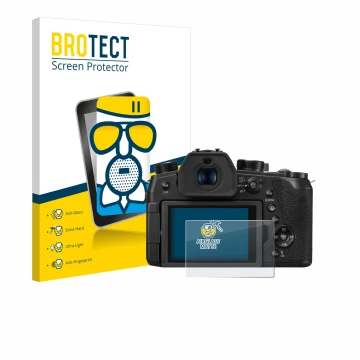 Vorderseite einer Produktverpackung mit dem Markenlogo BROTECT. Daneben ist das Gerät Panasonic Lumix DC-FZ1000 II mit dem zug