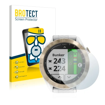 Vorderseite einer Produktverpackung mit dem Markenlogo BROTECT. Daneben ist das Gerät Garmin Approach S40 mit dem zugehörigen 