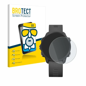 Vorderseite einer Produktverpackung mit dem Markenlogo BROTECT. Daneben ist das Gerät Garmin Forerunner 245 Music mit dem zuge