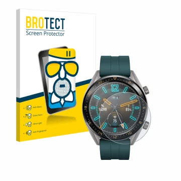 Vorderseite einer Produktverpackung mit dem Markenlogo BROTECT. Daneben ist das Gerät Huawei Watch GT Active mit dem zugehörig