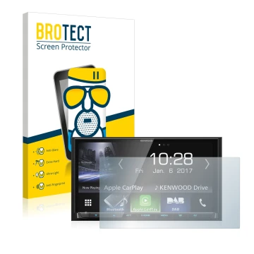 Vorderseite einer Produktverpackung mit dem Markenlogo BROTECT. Daneben ist das Gerät Kenwood DMX7017DABS mit dem zugehörigen 