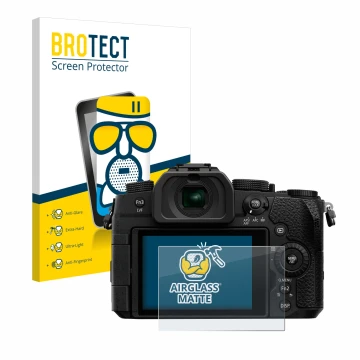 Vorderseite einer Produktverpackung mit dem Markenlogo BROTECT. Daneben ist das Gerät Panasonic Lumix DC-G91 mit dem zugehörig
