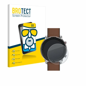 Vorderseite einer Produktverpackung mit dem Markenlogo BROTECT. Daneben ist das Gerät Huami Amazfit GTR (47 mm) mit dem zugehö