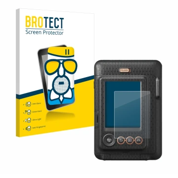 Vorderseite einer Produktverpackung mit dem Markenlogo BROTECT. Daneben ist das Gerät Fujifilm Instax Mini LiPlay mit dem zuge