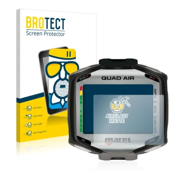 Vorderseite einer Produktverpackung mit dem Markenlogo BROTECT. Daneben ist das Gerät Mares Quad Air mit dem zugehörigen Displ