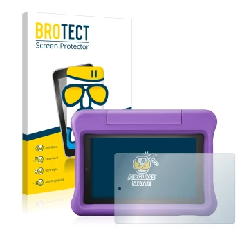 Vorderseite einer Produktverpackung mit dem Markenlogo BROTECT. Daneben ist das Gerät Amazon Fire 7 Kids Edition 2019 (9. Gen.