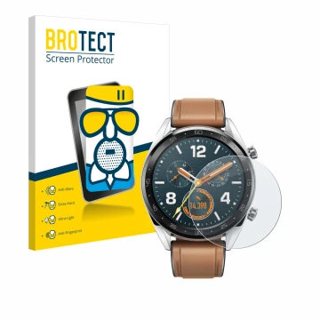Vorderseite einer Produktverpackung mit dem Markenlogo BROTECT. Daneben ist das Gerät Huawei Watch GT Classic mit dem zugehöri