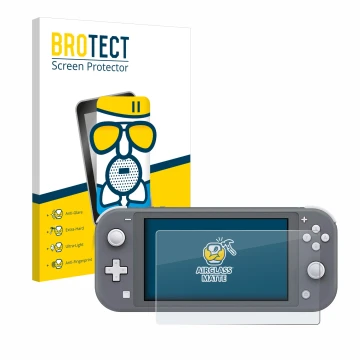 Vorderseite einer Produktverpackung mit dem Markenlogo BROTECT. Daneben ist das Gerät Nintendo Switch Lite mit dem zugehörigen