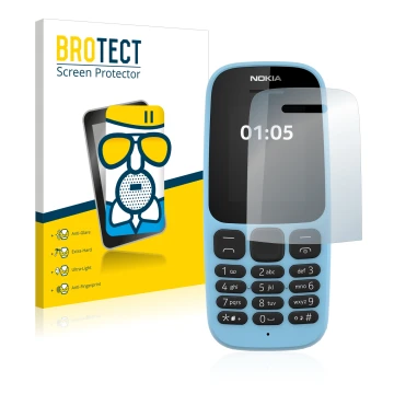 Vorderseite einer Produktverpackung mit dem Markenlogo BROTECT. Daneben ist das Gerät Nokia 105 2019 mit dem zugehörigen Displ