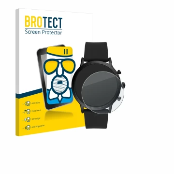 Vorderseite einer Produktverpackung mit dem Markenlogo BROTECT. Daneben ist das Gerät Fossil The Carlyle HR (5.Gen) mit dem zu