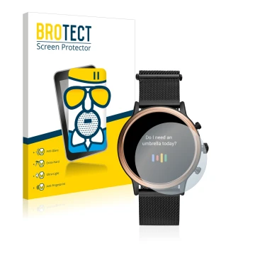 Vorderseite einer Produktverpackung mit dem Markenlogo BROTECT. Daneben ist das Gerät Fossil Julianna HR (5.Gen) mit dem zugeh