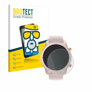 Vorderseite einer Produktverpackung mit dem Markenlogo BROTECT. Daneben ist das Gerät Huami Amazfit GTR (42 mm) mit dem zugehö
