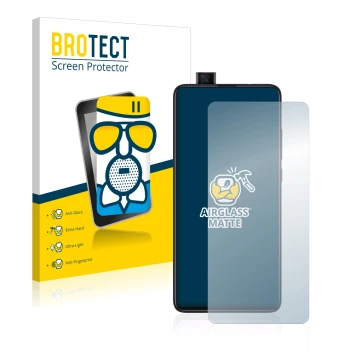 Vorderseite einer Produktverpackung mit dem Markenlogo BROTECT. Daneben ist das Gerät Xiaomi Mi 9T Pro mit dem zugehörigen Dis