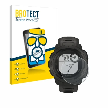 Vorderseite einer Produktverpackung mit dem Markenlogo BROTECT. Daneben ist das Gerät Garmin Instinct Tactical Edition mit dem