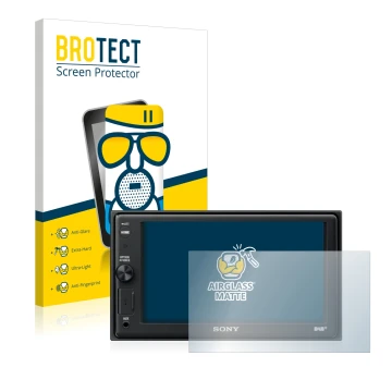 Vorderseite einer Produktverpackung mit dem Markenlogo BROTECT. Daneben ist das Gerät Sony XAV-AX1005DB mit dem zugehörigen Di