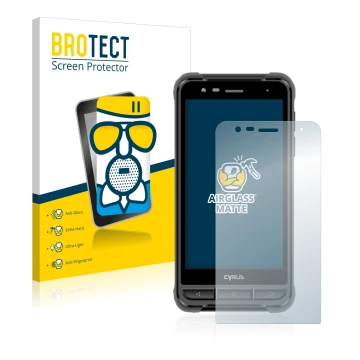 Vorderseite einer Produktverpackung mit dem Markenlogo BROTECT. Daneben ist das Gerät Cyrus CS22 XA mit dem zugehörigen Displa