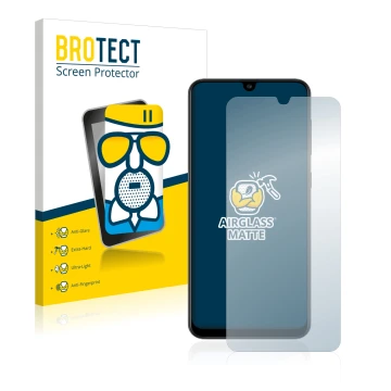 Vorderseite einer Produktverpackung mit dem Markenlogo BROTECT. Daneben ist das Gerät Samsung Galaxy A30s mit dem zugehörigen 