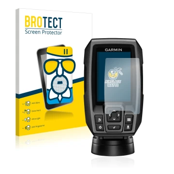 Vorderseite einer Produktverpackung mit dem Markenlogo BROTECT. Daneben ist das Gerät Garmin Striker 4 mit dem zugehörigen Dis