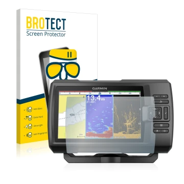 Vorderseite einer Produktverpackung mit dem Markenlogo BROTECT. Daneben ist das Gerät Garmin Striker Plus 9sv mit dem zugehöri