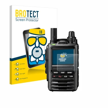 Vorderseite einer Produktverpackung mit dem Markenlogo BROTECT. Daneben ist das Gerät Yaesu FT-3D mit dem zugehörigen Displays