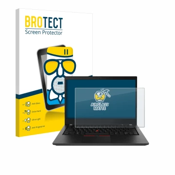 Vorderseite einer Produktverpackung mit dem Markenlogo BROTECT. Daneben ist das Gerät Lenovo ThinkPad T490 Non-Touch mit dem z