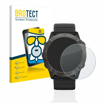 Vorderseite einer Produktverpackung mit dem Markenlogo BROTECT. Daneben ist das Gerät Garmin Fenix 6X Pro mit dem zugehörigen 