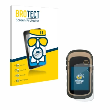 Vorderseite einer Produktverpackung mit dem Markenlogo BROTECT. Daneben ist das Gerät Garmin eTrex 32x mit dem zugehörigen Dis