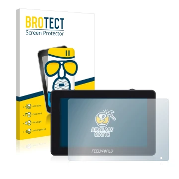 Vorderseite einer Produktverpackung mit dem Markenlogo BROTECT. Daneben ist das Gerät Feelworld F6 Plus mit dem zugehörigen Di