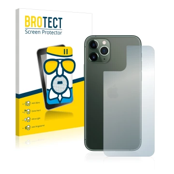 Vorderseite einer Produktverpackung mit dem Markenlogo BROTECT. Daneben ist das Gerät Apple iPhone 11 Pro (Rückseite) mit dem 