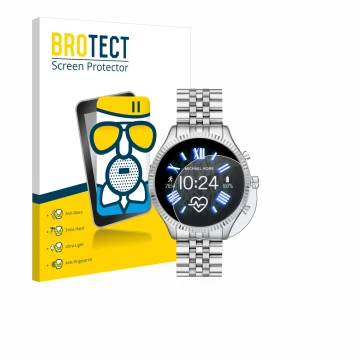 Vorderseite einer Produktverpackung mit dem Markenlogo BROTECT. Daneben ist das Gerät Michael Kors Access Lexington 2 mit dem 