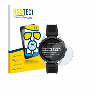 Vorderseite einer Produktverpackung mit dem Markenlogo BROTECT. Daneben ist das Gerät Emporio Armani Connected Smartwatch 3 mi