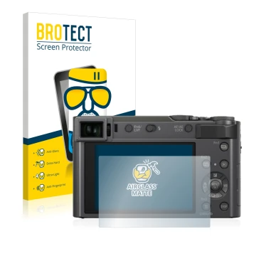 Vorderseite einer Produktverpackung mit dem Markenlogo BROTECT. Daneben ist das Gerät Panasonic Lumix DC-TZ200 mit dem zugehör