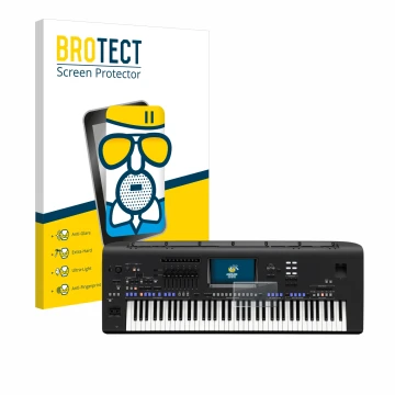 Vorderseite einer Produktverpackung mit dem Markenlogo BROTECT. Daneben ist das Gerät Yamaha Genos mit dem zugehörigen Display