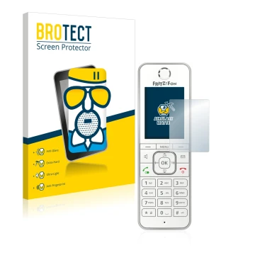 Vorderseite einer Produktverpackung mit dem Markenlogo BROTECT. Daneben ist das Gerät AVM Fritz!Fon C6 mit dem zugehörigen Dis