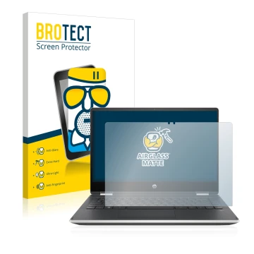 Vorderseite einer Produktverpackung mit dem Markenlogo BROTECT. Daneben ist das Gerät HP Pavilion x360 (14-dhX) mit dem zugehö