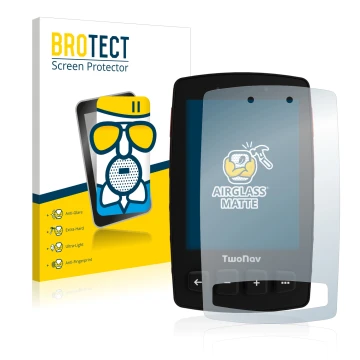 Vorderseite einer Produktverpackung mit dem Markenlogo BROTECT. Daneben ist das Gerät TwoNav Trail 2 mit dem zugehörigen Displ