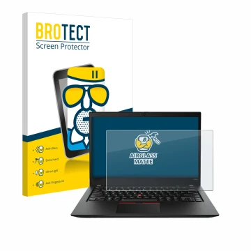 Vorderseite einer Produktverpackung mit dem Markenlogo BROTECT. Daneben ist das Gerät Lenovo ThinkPad T490s mit dem zugehörige