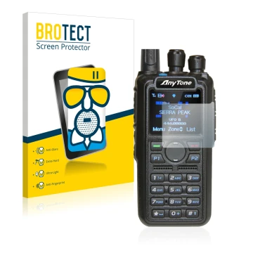 Vorderseite einer Produktverpackung mit dem Markenlogo BROTECT. Daneben ist das Gerät AnyTone AT-D878UV mit dem zugehörigen Di
