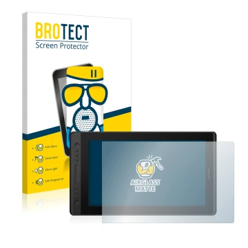 Vorderseite einer Produktverpackung mit dem Markenlogo BROTECT. Daneben ist das Gerät Huion Kamvas Pro 16 Premium mit dem zuge