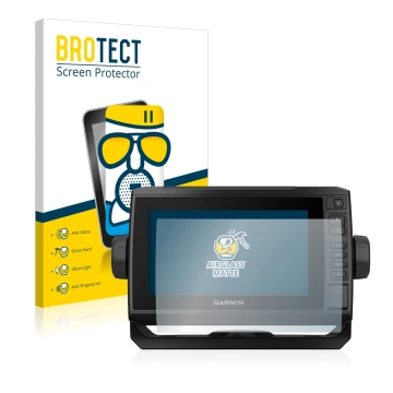 Vorderseite einer Produktverpackung mit dem Markenlogo BROTECT. Daneben ist das Gerät Garmin ECHOMAP UHD 72cv mit dem zugehöri
