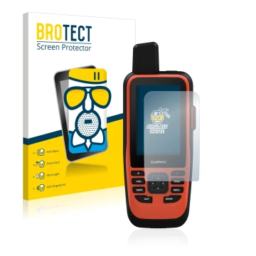 Vorderseite einer Produktverpackung mit dem Markenlogo BROTECT. Daneben ist das Gerät Garmin GPSMAP 86i mit dem zugehörigen Di