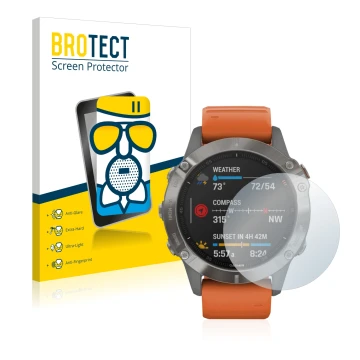 Vorderseite einer Produktverpackung mit dem Markenlogo BROTECT. Daneben ist das Gerät Garmin Fenix 6 mit dem zugehörigen Displ