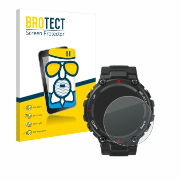 Vorderseite einer Produktverpackung mit dem Markenlogo BROTECT. Daneben ist das Gerät Huami Amazfit T-Rex mit dem zugehörigen 