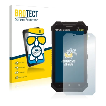 Vorderseite einer Produktverpackung mit dem Markenlogo BROTECT. Daneben ist das Gerät SkyCaddie SX500 mit dem zugehörigen Disp